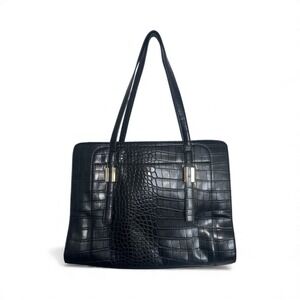 Tutilo New York Black Shoulder Tote Bag Large Crocodile Reptile Pattern Finish